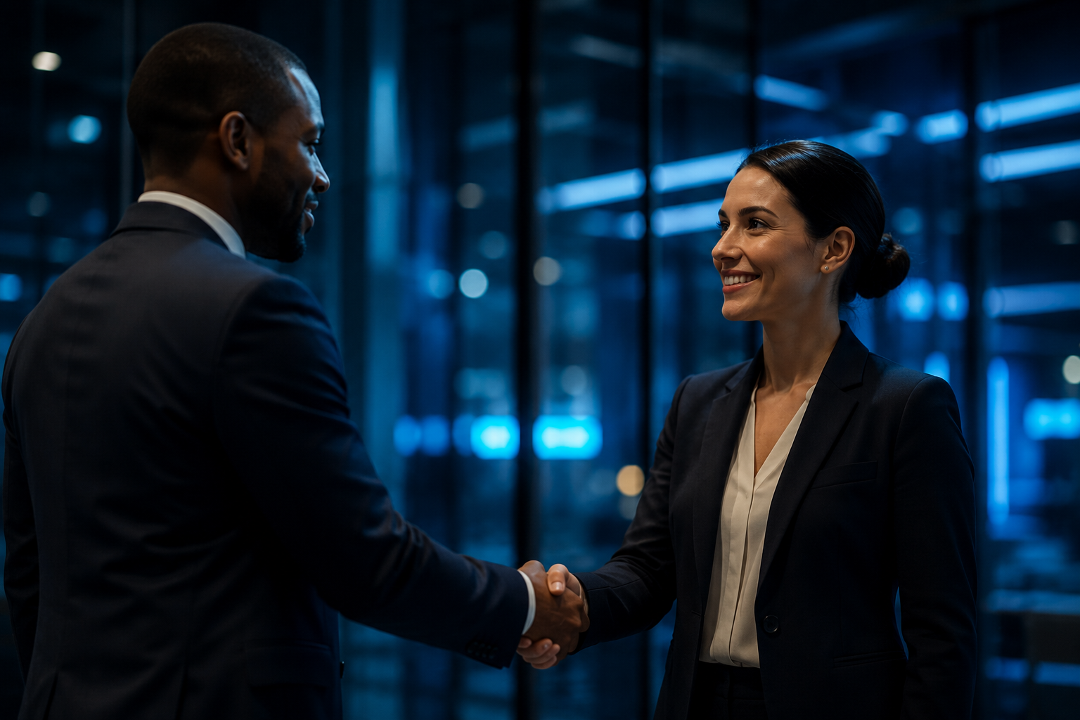 Two professionals shaking hands after a successful placement