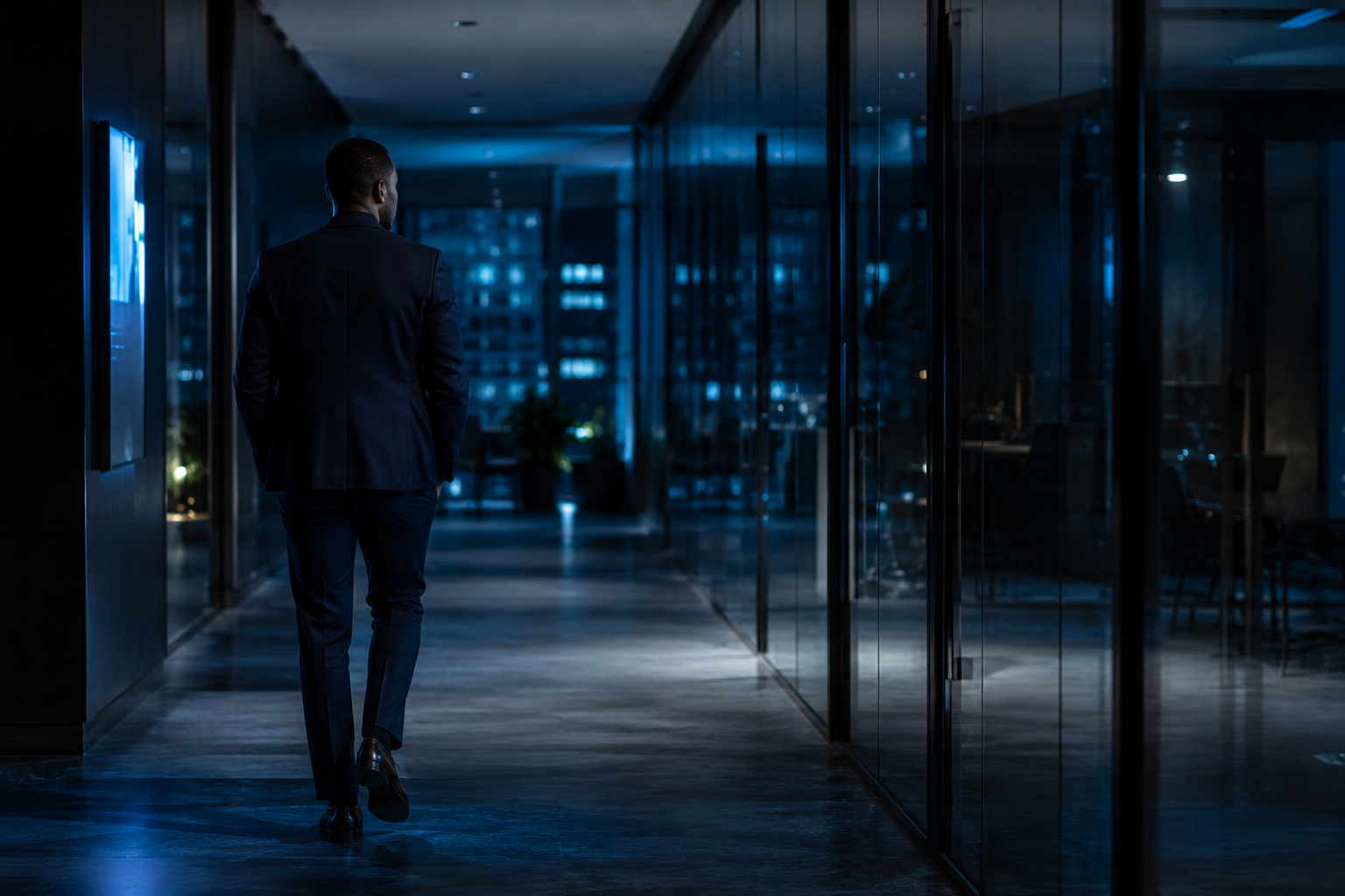 Professional walking through a modern office lobby